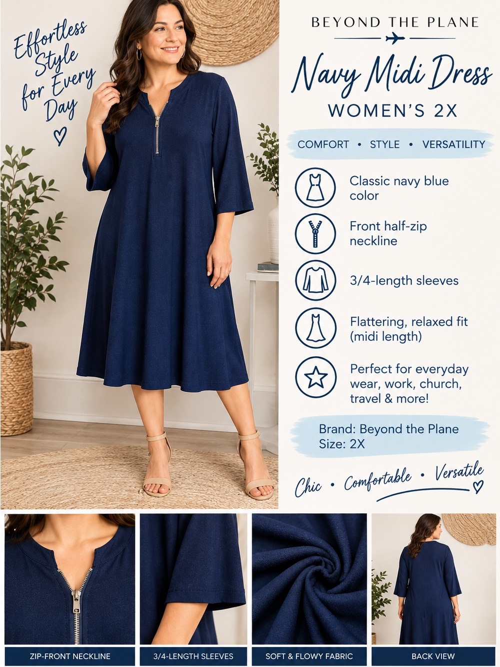 Beyond This Plane Blue Zip-Front Shift Dress NWT